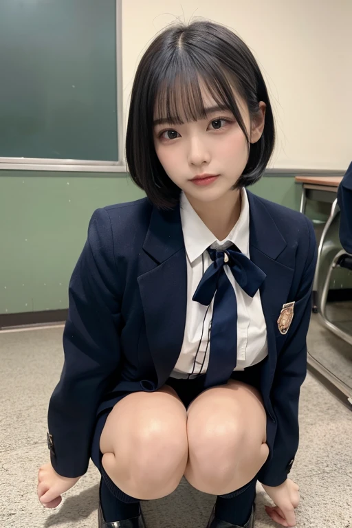 (8k, RAW Photos, Highest quality, masterpiece:1.2), masterpiece, super detailed, super high quality, (Realistic and photorealistic photography:1. 3), High-resolution RAW color photos, Very delicate and beautiful, highly detailed, 8k wallpaper, wonderful, detailed, Very eye, very detailed, very detailed skin, very detailed nose, very detailed mouth, Perfect Anatomy, break, (1 person, Of Japanese:1.2),(Short Bob Hair:1.1), Black hair color, Huge breasts, Very big round breasts, Beautiful Makeup, Glitter makeup, Big Natural Color Lip, Perfect figure, from the front、View here、Crying a little, Beautiful legs, Beautiful legs, Voluptuous thighs, break, Schoolgirl uniform, blazer, Super Short Check Uniform Skirt, (squating,White cotton panties:1.1)、Navy blue knee-high socks, break, class room