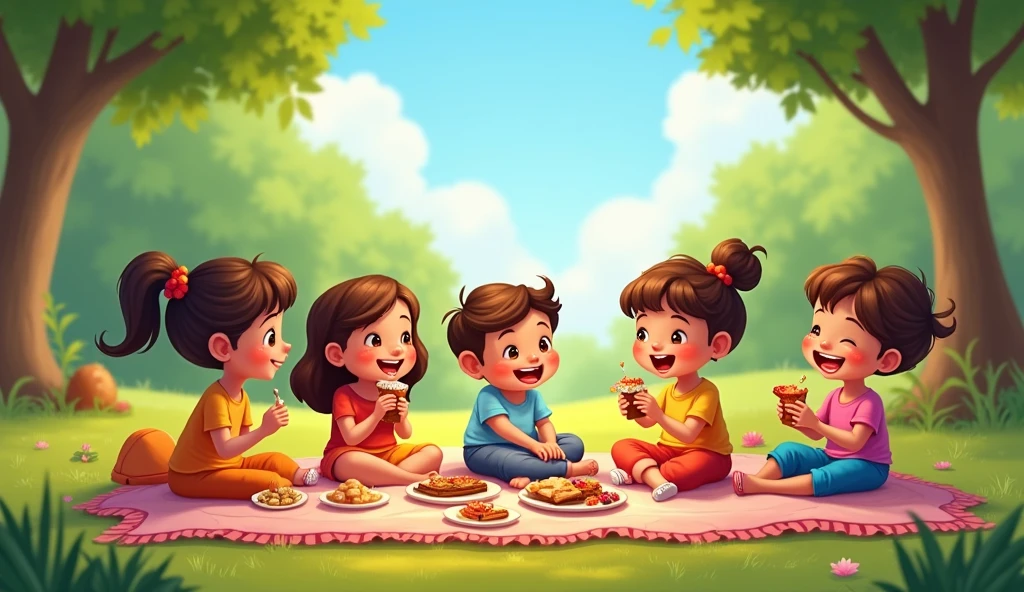 Picnic Time for kids**: Depict the friends sitting on a picnic blanket in the park, enjoying snacks like Marium’s homemade candies and Ahmed’s chocolate kebabs.little kids images