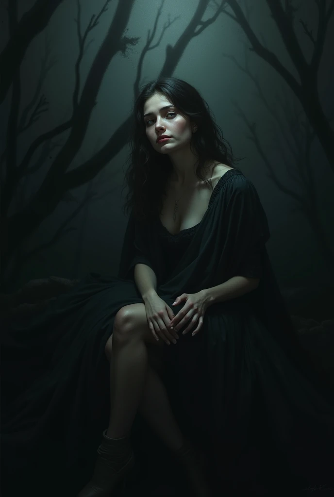 Describe the figure of a woman contemplating in the darkness, with black shadows lurking around.