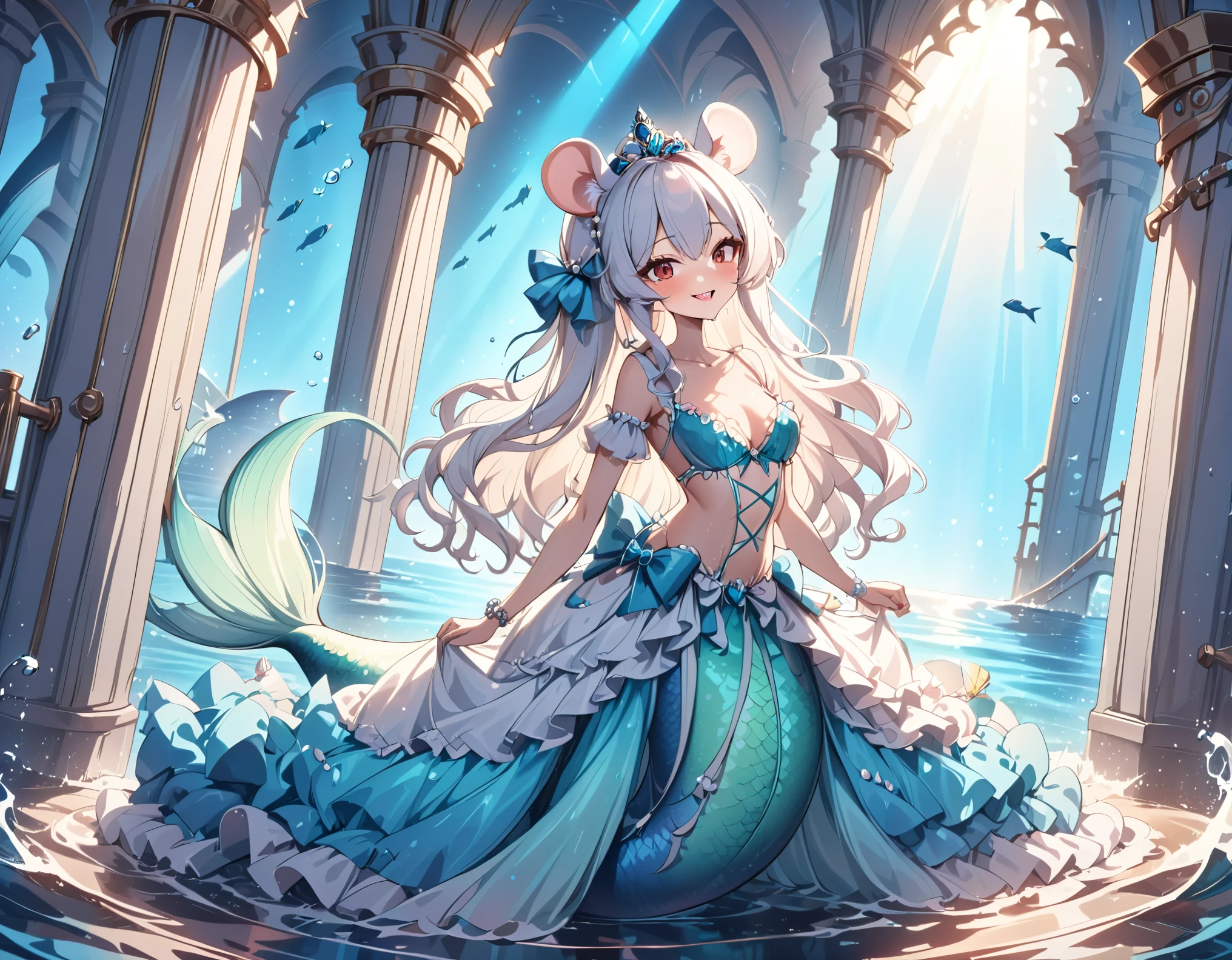 (best quality,4k,8k,highres,masterpiece:1.2),ultra-detailed, drawn in anime style, Pretty anthropomorphic albino mouse girl magically transformed into a beautiful mermaid princess, race swap, fantastic transformation, sharp teeth, beautifully detailed lips with lipstick, she’s smiling, steampunk, fishlike, wet body, very long curly white hair adorned with hair accessories, red eyes with long eyelashes, white fur, slim body, red manicured nails, whiskers, mouse ears with pearls hanging from them, long mermaid tail below waistline with shimmering cyan fish scales, pelvic and dorsal fins, a pair of fish gills on her torso, highly detailed seashell bra with intricate patterns, pearl bracelets, pearl necklace, tiara made of seashells, cute princess dress, physically-based rendering,gorgeous frilly dress design,flowing gown,elaborate details,rich textures,contrast stitching,delicate ribbon bows,fish scale accents, translucent skirt,fitted waistline,lace-up back,luxurious fabrics,flawless silhouette, joyful expression, sparkling water, water reflections, ethereal atmosphere, subtle glow, whimsical and enchanting, sitting gracefully on a throne chair, underwater castle interior, intricately decorated throne room, magical underwater lighting, vivid colors, breathing underwater, endless ocean depths, light filtering through the water, Highly detailed, masterpiece, high quality, 4K.