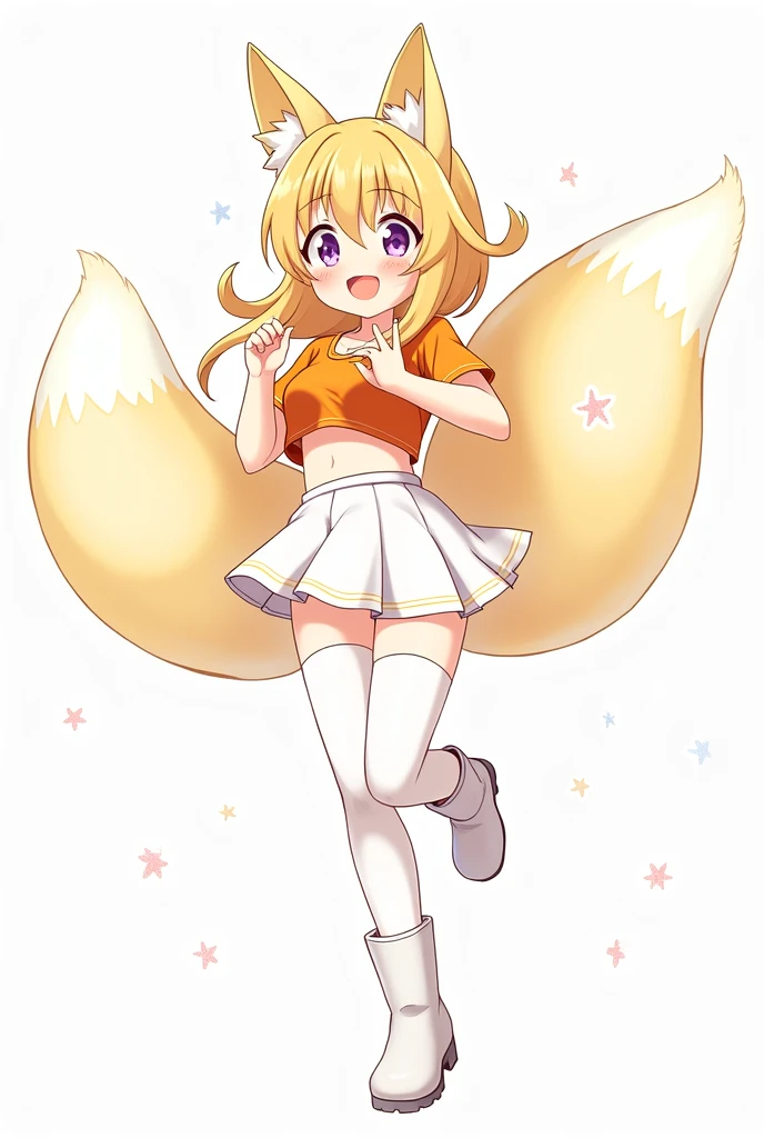 Cute anime girl smiley face with a fox ear wearing an orange crop top, white short skirt, stocking, white boots. Jump pose low angle no background