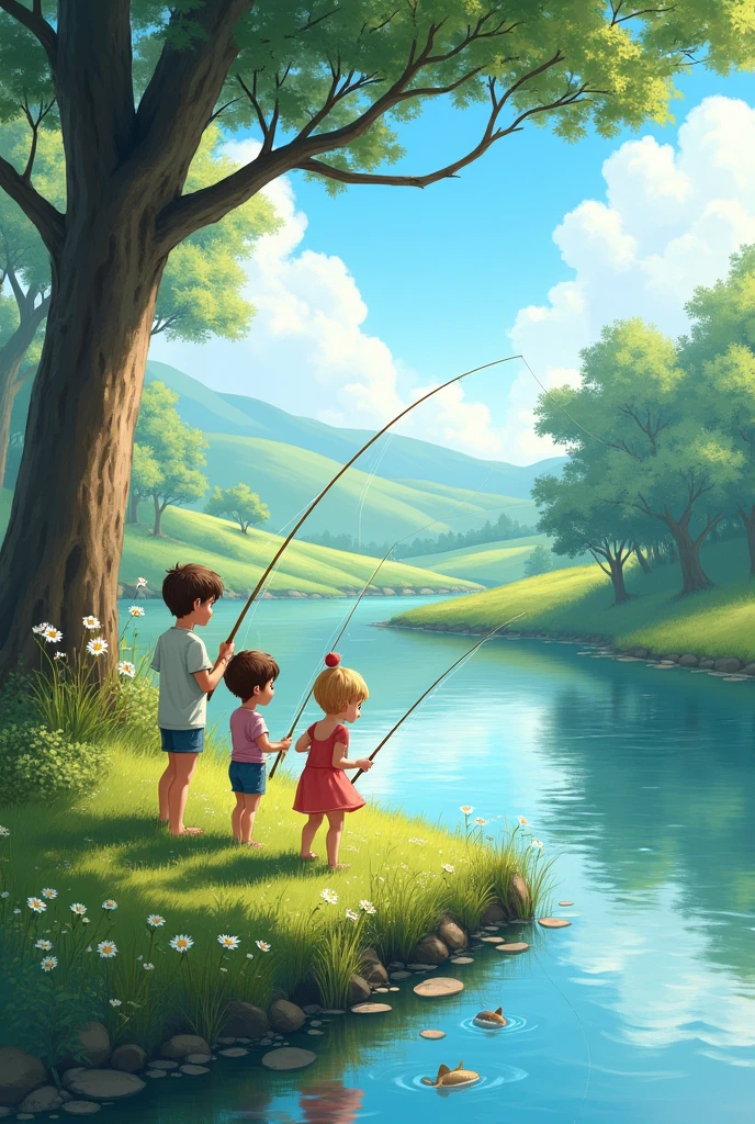 Children river side in fishing