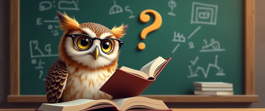 Holding a book in one hand、An owl wearing glasses shows off his knowledge in front of a large question mark。There is a blackboard in the background、Quiz hints are provided。