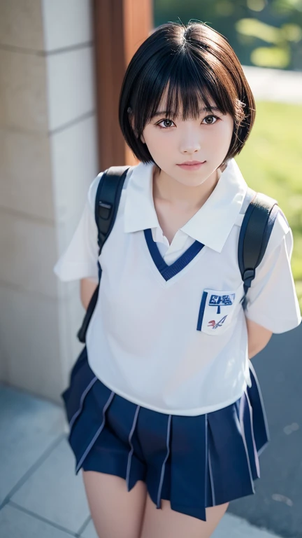 Japanese women　1　high school student　Slender body、Summer clothes、Short sleeves with collar、Sailor suit、Navy blue mini skirt　boyish、Red ribbon on chest、Shortcuts、Sports Bags　Black Loafers　White socks , Very cute one、、short hair、Gray Hair、Blue background、Upper Body、(head shot:1.5)、Eyes focus、Collared shirt、Laughter、、(8k、RAW Photos、Highest quality、masterpiece:1.2)、(Realistic、Realistic:1.3)、Hmph、Deep writing depth、Wide Light、High Contrast、(Shine:1.4)、chromatic aberration、Sharp focus、RAW Color PhotoMovie Still Images、Cinema Lighting、8k resolution、
