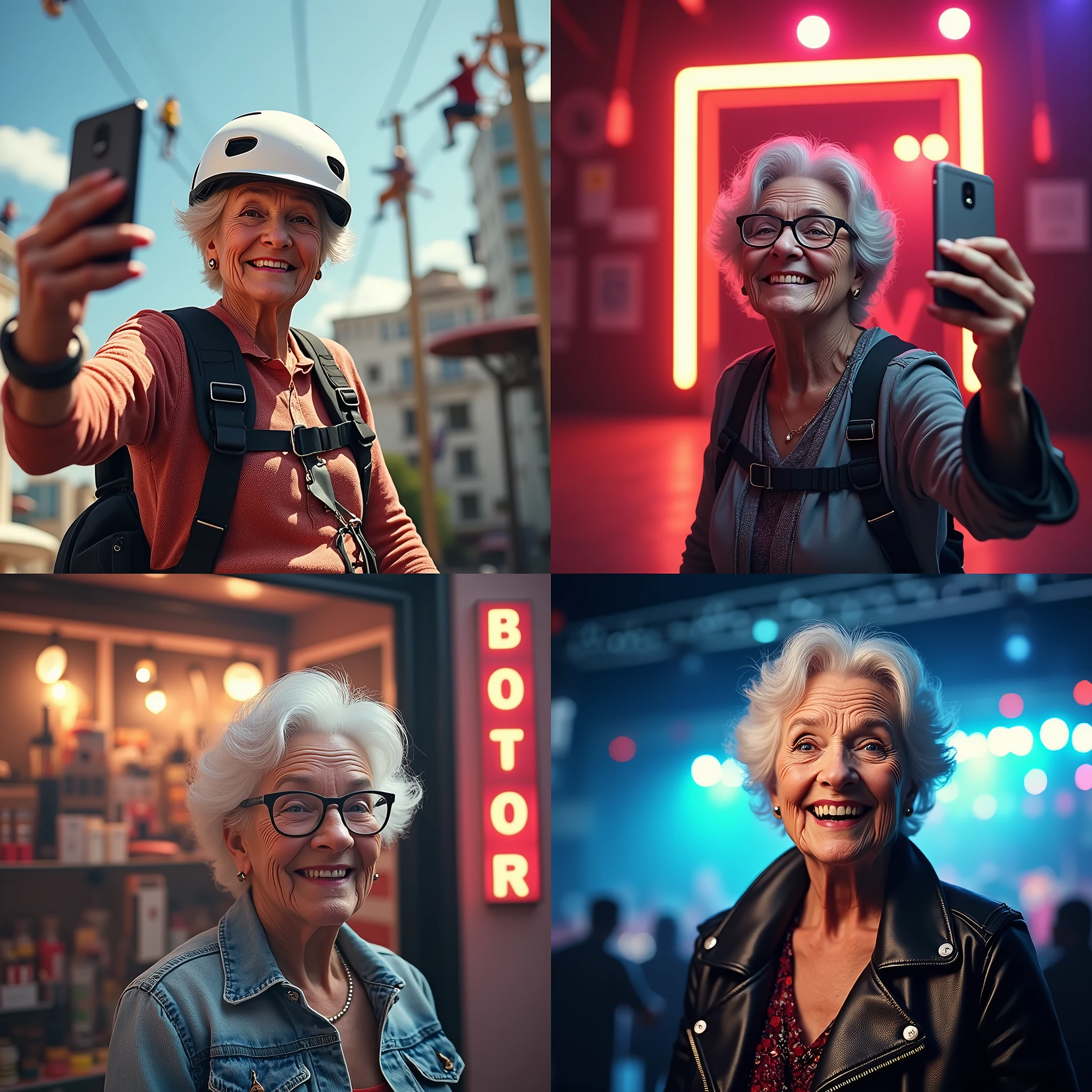 A photorealistic composite image features four selfies of the same grandmother, each in a wildly different and contrasting scenario:
Adventure Park Selfie: The grandmother is in front of an adventure park with zip lines and rope courses. Wearing a harness and helmet, she smiles enthusiastically against a backdrop of high ropes and climbing structures.
Underground Nightclub Selfie: She poses in front of a neon-lit nightclub entrance, dressed in a glamorous outfit with sunglasses. The vibrant neon lights and nightlife energy provide a sharp contrast to the previous scene.
Adult Toy Store Selfie: The grandmother stands in front of an adult toy store, displaying a mix of surprise and amusement. The store’s window features quirky products, adding a humorous touch.
Heavy Metal Festival Selfie: She is at a heavy metal festival, surrounded by fans in leather and studs. Dressed in a rock-themed outfit, she captures the intense energy of the festival with bright stage lights in the background.
This composite captures the grandmother’s playful spirit across four dramatically different settings, each showcasing a humorous and unexpected side of her personality.