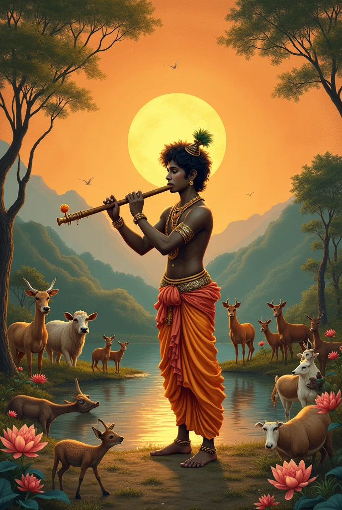 Lord Krishna playing flute surrounded by animals during sun set in vintage old theme