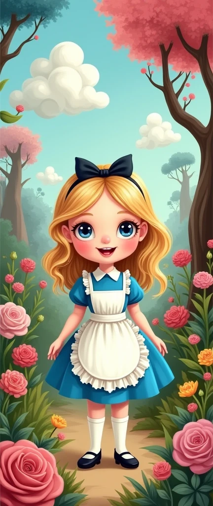 Cartoon with text:
(masterpiece, best quality, 4k, expressive eyes, perfect face, 2d style, flat style, hand drawn, perfect Illustration), Cute and adorable face, big detailed eyes,, Cute little cartoon girl, alice in wonderland, blue dress, white apron, white socks, mary jane shoes, inside wonderland
