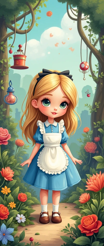 Cartoon with text: 
(masterpiece, best quality, 4k, expressive eyes, perfect face, 2d style, flat style, hand drawn, perfect Illustration), Cute and adorable face, big detailed eyes,, Cute little cartoon girl, alice in wonderland, blue dress, white apron, white socks, mary jane shoes, inside wonderland 