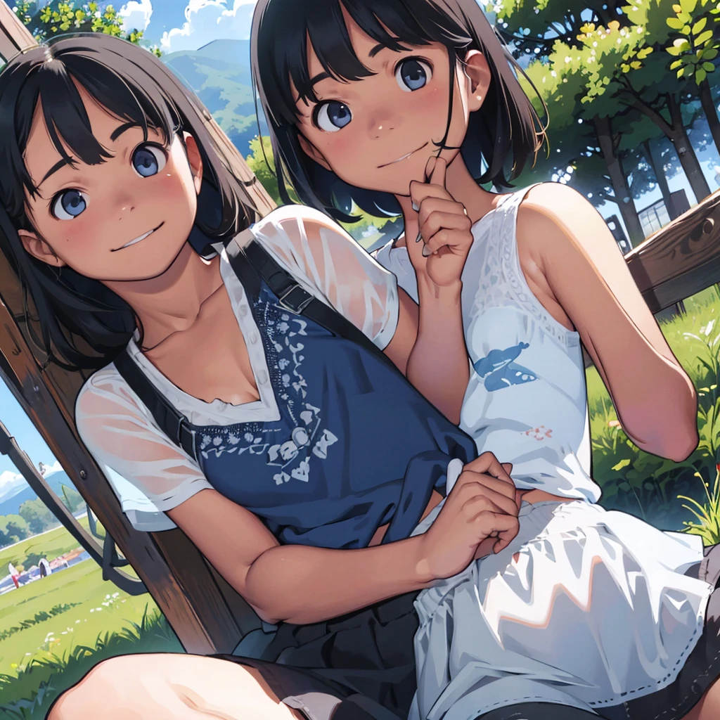 Mountains in the distance々、(campsite、camping)、Summer sun、((、several girls))、Big Eyes、Healthy girl、Strong sunlight、Summer sun、cumulonimbus、Blue sky、(Cute smile)、Slender、small breast、(cleavage)、cute and beauty girl、Clear skin、(Tank top and mini skirt)、(Her belly button is visible)、Detailed face、Detailed Hair、detail eyes, looking at viewer、hair ornaments、Next to the tent、sitting side by side on the cot、White teeth、holding knees