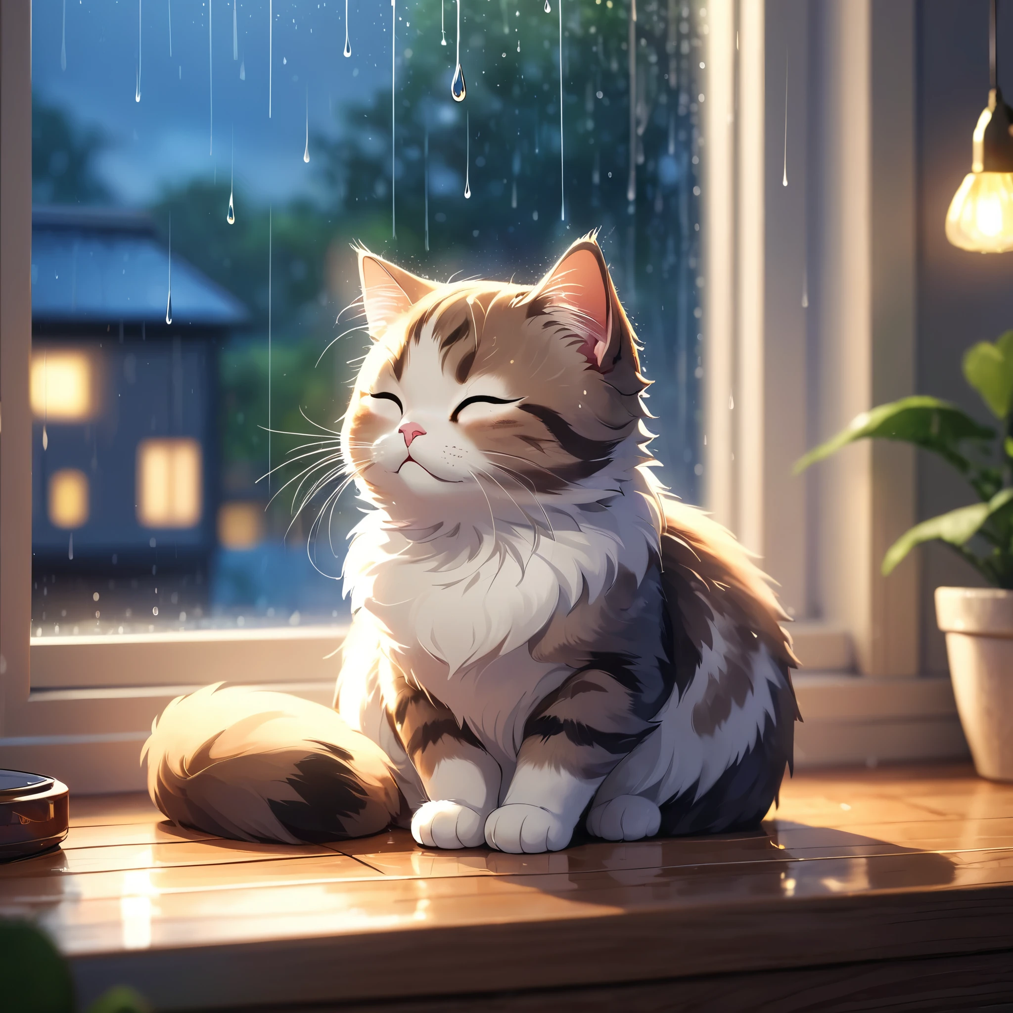 (masterpiece, Best quality, high quality, A high resolution, Very detailed) Cute and adorable cat with closed eyes, relaxation in a cozy room. The room has a peaceful and calm atmosphere, and from the large window you can see the rain outside.. The image contains bokeh lighting effects, creating a serene atmosphere.