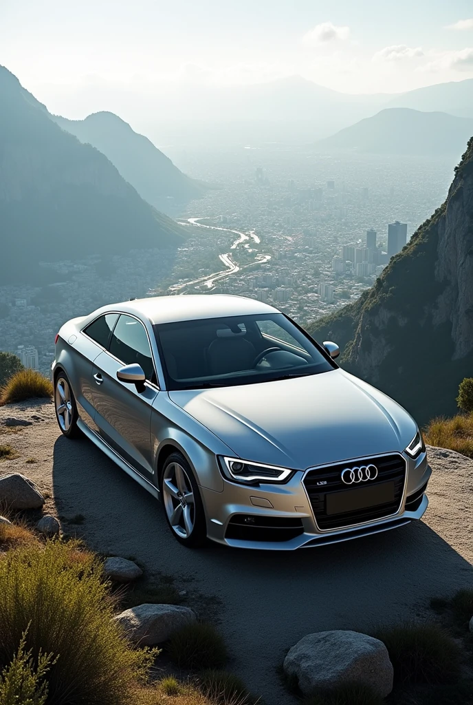 Audi A3 2005 with 2 doors silver color, stand on mountain view on city