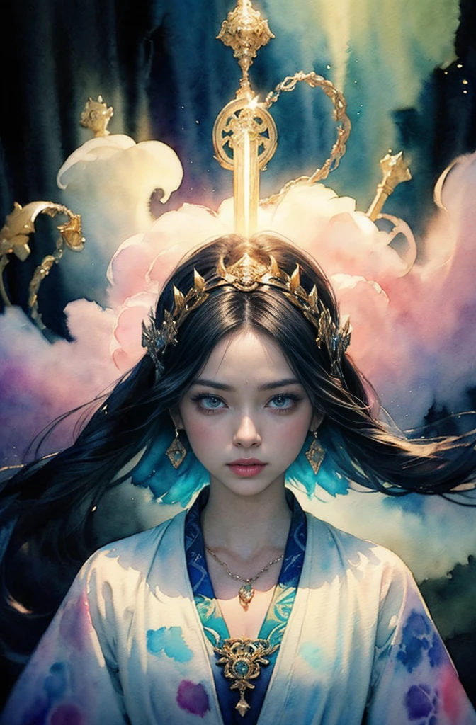 (Tabletop, Highest qualityの, Highest quality, Official Art, (beautifully、aesthetic:1.4), (Watercolor:1.4) ), (Izanami 1.5), 日本のgod話の女god, Majestic beauty, 創造の女god、生命の女god、Typically、((((Typically))))、Reincarnation Support, god'Grace, Gentle and meditative expressions, Flowing, celestial garments, Shine、Created all the landscapes and worlds on Earth, A dazzling dance of light, Whispers of Ancient Legends