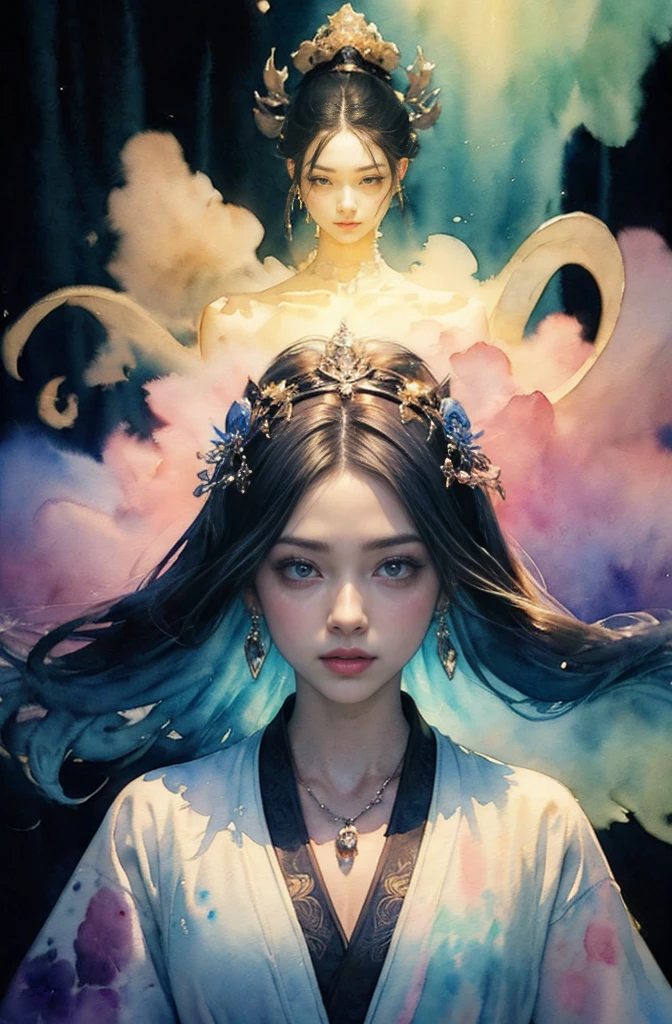 (Tabletop, Highest qualityの, Highest quality, Official Art, (beautifully、aesthetic:1.4), (Watercolor:1.4) ), (Izanami 1.5), 日本のgod話の女god, Majestic beauty, 創造の女god、生命の女god、Typically、((((Typically))))、Reincarnation Support, god&#39;Grace, Gentle and meditative expressions, Flowing, celestial garments, Shine、Created all the landscapes and worlds on Earth, A dazzling dance of light, Whispers of Ancient Legends