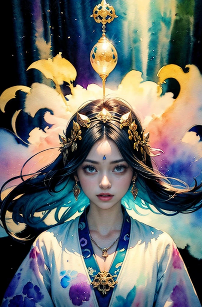 (Tabletop, Highest qualityの, Highest quality, Official Art, (beautifully、aesthetic:1.4), (Watercolor:1.4) ), (Izanami 1.5), 日本のgod話の女god, Majestic beauty, 創造の女god、生命の女god、Typically、((((Typically))))、Reincarnation Support, god&#39;Grace, Gentle and meditative expressions, Flowing, celestial garments, Shine、Created all the landscapes and worlds on Earth, A dazzling dance of light, Whispers of Ancient Legends