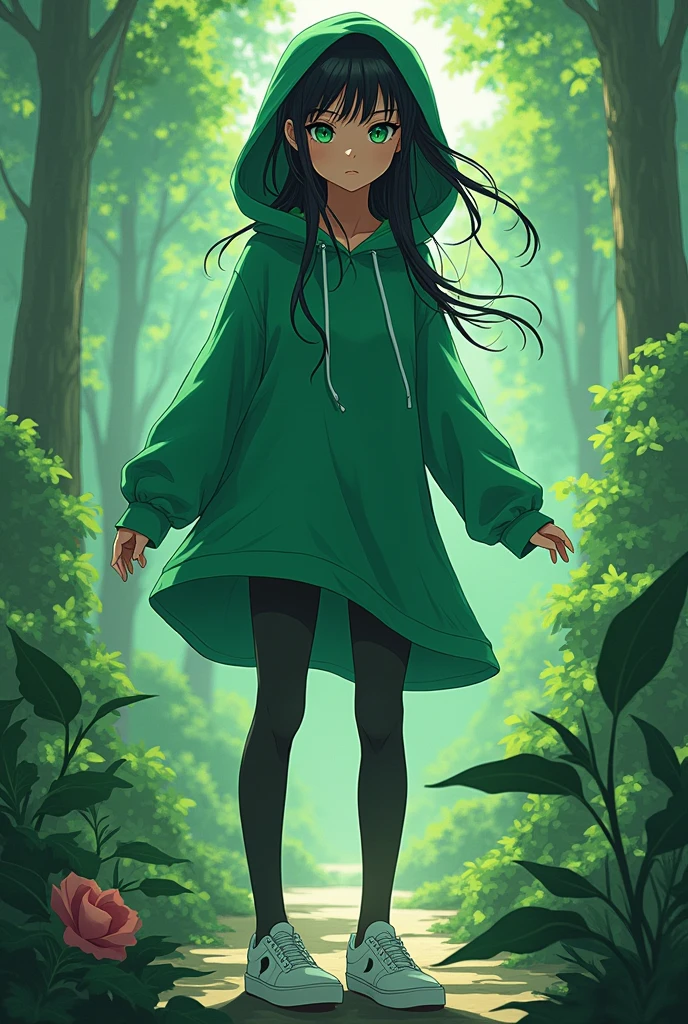 Anime sexy  green hoodie sorcerer of plant  white sneakers  black tights black hair