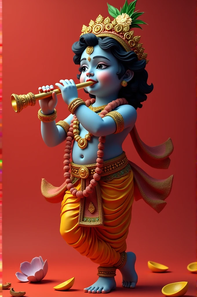3d Shree Krishna taking flute background red 4k quality image