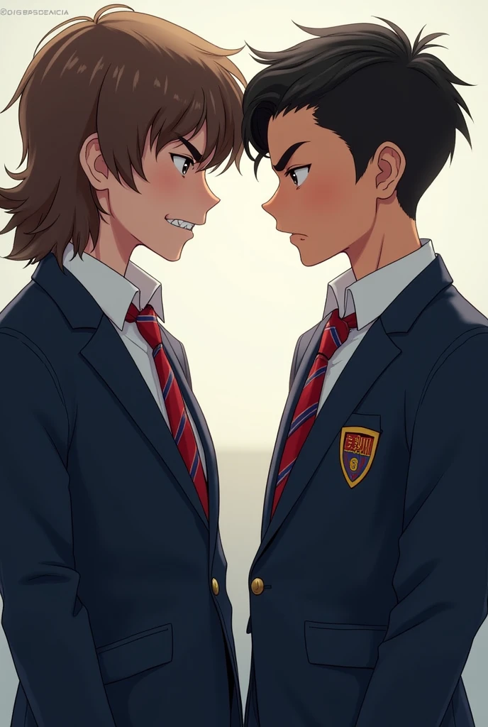image of 2 boys in their school uniform white long sleeves with red and blue striped neck tie and dark blue blazer. one on the right has short gelled up black hair, brown eye, chiseled jaw and diamond shaped face well build, a height of 6'1 feet and has olive skin tone, he's italian-german. the other one on the right has mid length wavy brown hair, hazel eye, soft chiseled heart shape face, a height of 5'10 feet, he's italian and has light olive skin. both of them on side view looking at each other angrily.
