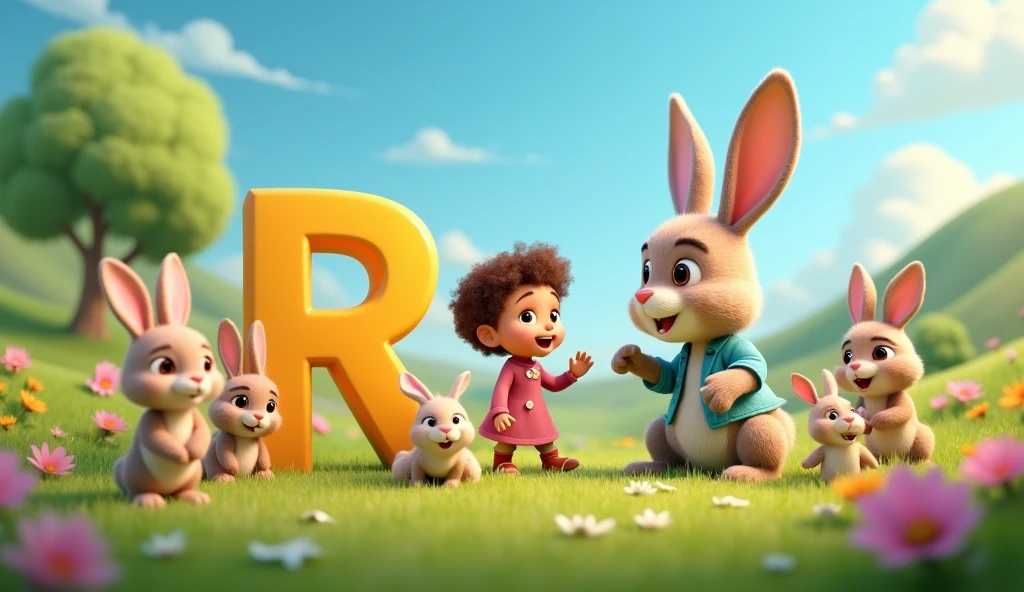 Create an animated image for alphabet R and an talking Rabbit and children playing with rabbits with animation 3D