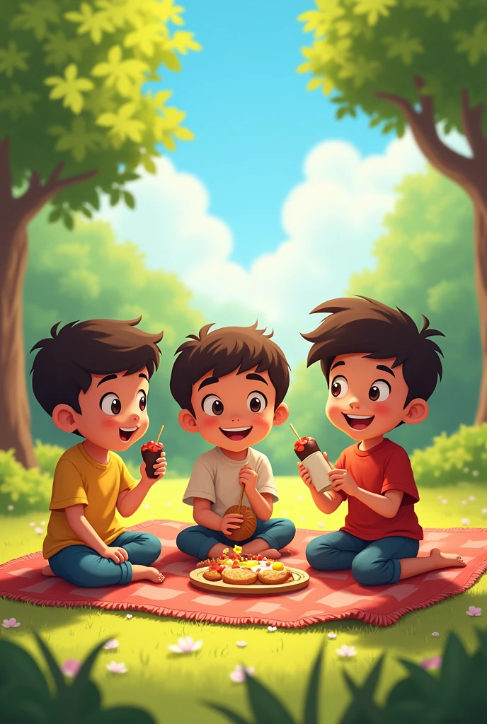 Picnic Time kids picnic image**: Depict the friends sitting on a picnic blanket in the park, enjoying snacks like Marium’s homemade candies and Ahmed’s chocolate kebabs.