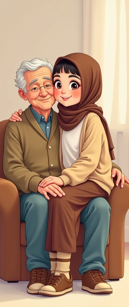 Cartoon with text: 
(masterpiece, best quality, 4k, expressive eyes, perfect face, 2d style, flat style, hand drawn, perfect Illustration), Cute and adorable face, big detailed eyes, Cute adult cartoon girl, with brown hijab on, bangs, wearing oversized beige cardigan, white shirt, brown skirt, ((brown socks, long socks)), sneakers, on an old mans lap 