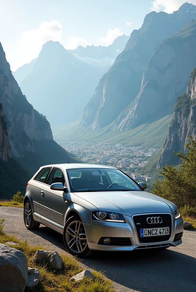 Audi A3, age 2005 with 2 doors silver color, stand on mountain view on city