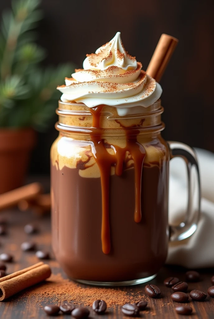 [ultra-realistic 4K rendering, close-up shot, over-the-top winter-themed gourmet drink, Instagram-worthy] A mind-blowing winter-themed caramelized hot chocolate served in a rustic mason jar. This drink features thick, luxurious swirls of dark chocolate and golden caramel, dripping down the sides in a tantalizing, almost too-good-to-be-true manner. The whipped cream on top is piled high, dusted with cinnamon and a drizzle of caramel, with a delicate sprinkle of gold flakes for an extra touch of decadence. Ice cubes float within the glass, adding a refreshing contrast, while the drink itself exudes warmth and richness. The scene is set against a cozy background with a scattering of coffee beans, a soft linen cloth, and a few strategically placed cinnamon sticks, all captured in jaw-dropping detail with soft, inviting lighting that makes the drink look irresistibly delicious and perfectly Instagrammable.
