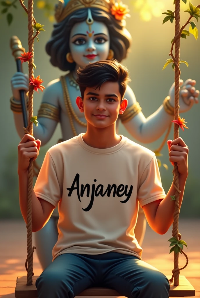 Celebrate janmastmi by boy
Anjaney written on his tshirt
boy age 20 A statue of little krishna on swing
his hair like virat kohli boy sit on swing