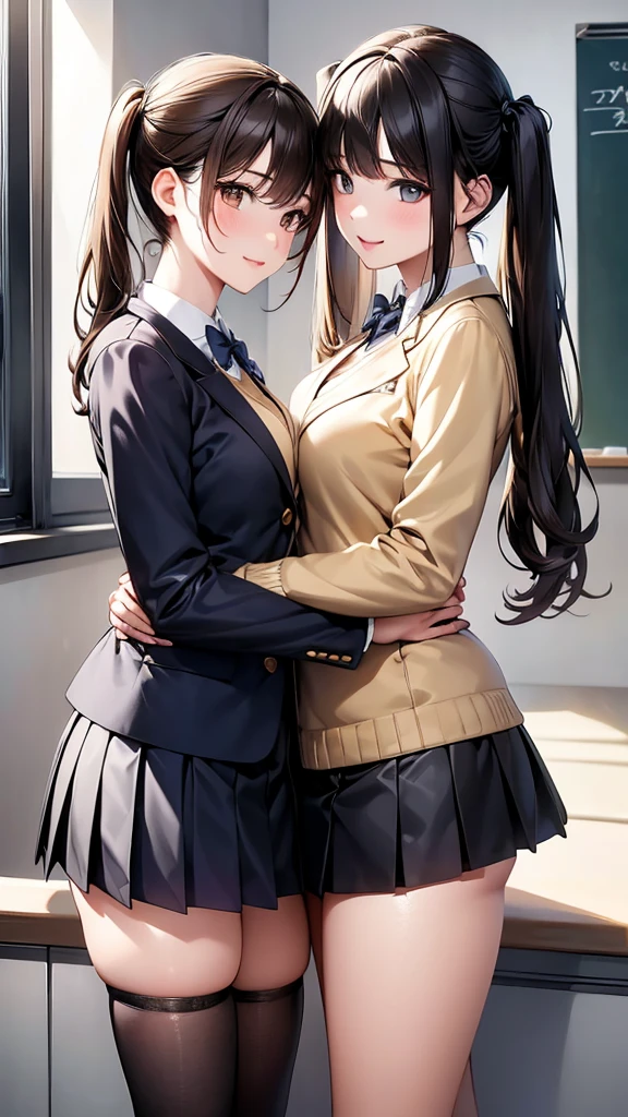 4K resolution,((Highest quality)),Ultra-high resolution,young woman, Two women embracing each other intimately, sexy, (Two people looking at each other), (One has pale yellow eyes,The other has brown eyes), Beautiful and symmetrical face, (One has medium-length brown hair that reaches her shoulders.,The other one has twin tails),Blazer uniform,Dress shirt,Pleated mini skirt,Knee-high socks,Realistic:1.4,Realistic:1.4,(masterpiece:1.2),Perfect Eyes,Perfect Eyes,Perfect Legs,classroom,(Open your mouth:1.2),Two people kissing