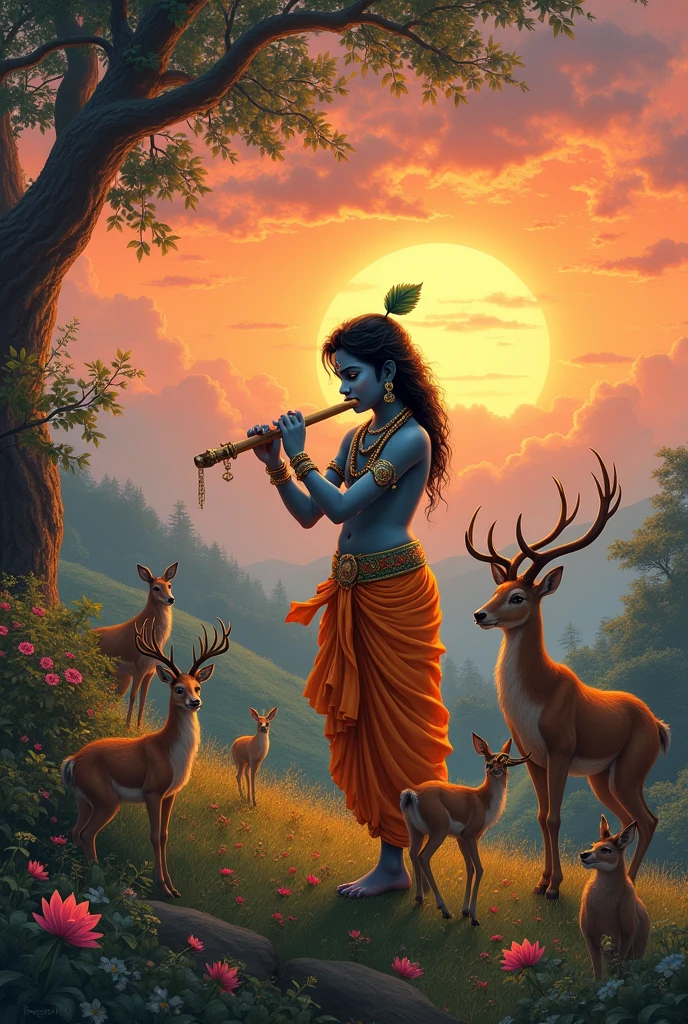 Lord Krishna playing flute surrounded by animals during sun set in vintage old theme in landscape