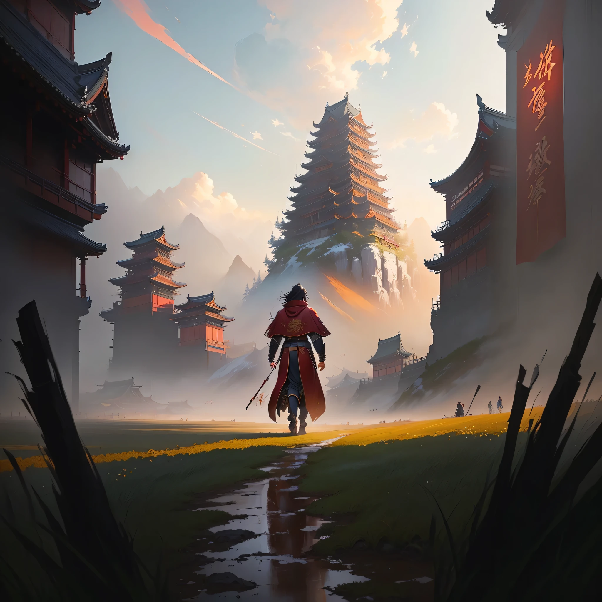 a painting of a person walking in a field with a red cloak, by Yang J, by Li Song, by Qu Leilei, andreas rocha style, by Song Xu, anime epic artwork, by Huang Shen, ross tran. scenic background, traditional japanese concept art, by Fan Qi, by Victor Wang, feudal japan art, inspired by Fenghua Zhong
