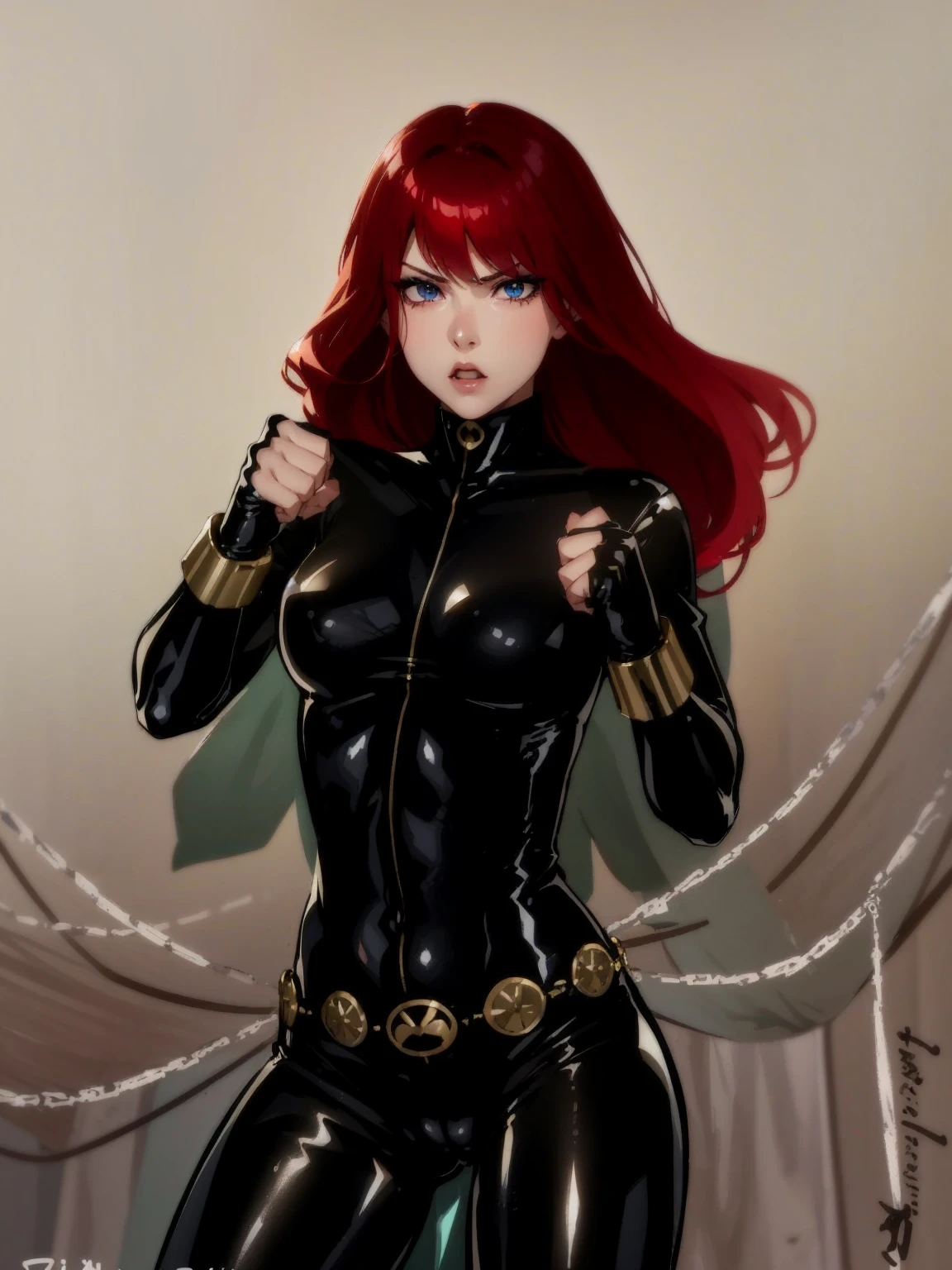 The image is a drawing of a girl with red hair dressed in a sleek skin-tight shiny black latex bodysuit with a silver zipper running down the front. The suit is complemented by her golden wrist guard on both wrists and a golden belt made of shiny circles. She has blue eyes. She stands with a strong posture, hands clenched into fists at her sides, and eyes cast with a determined or fierce gaze. In the background, there are white chains that curve upwards. Her overall stance and the background chains convey a powerful presence and a sense of energy, readiness for action, and possibly a dangerous situation.