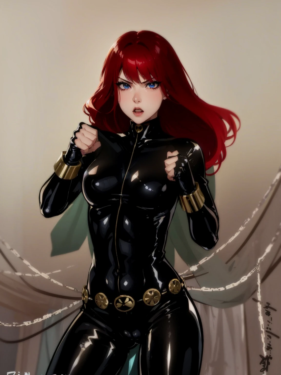 The image is a drawing of a girl with red hair dressed in a sleek skin-tight shiny black latex bodysuit with a silver zipper running down the front. The suit is complemented by her golden wrist guard on both wrists and a golden belt made of shiny circles. She has blue eyes. She stands with a strong posture, hands clenched into fists at her sides, and eyes cast with a determined or fierce gaze. In the background, there are white chains that curve upwards. Her overall stance and the background chains convey a powerful presence and a sense of energy, readiness for action, and possibly a dangerous situation.