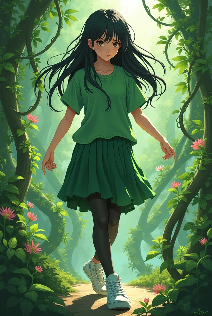 Anime green t shirt sorcerer of plant white sneakers black tights black hair