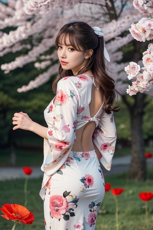 (Photorealistic: 1.2, With the highest quality, in 8K,Wetty:1.3 ), ( 20yr old, hposing Gravure Idol、 Cherry blossom pattern kimono, Sweat: 1.2, Wet:1.3、Red hair), Fine skin, (Film Lighting), Soft light, Double eyelids, ((excited、A sexy、turned around、big butts、thick legs、pheromone))