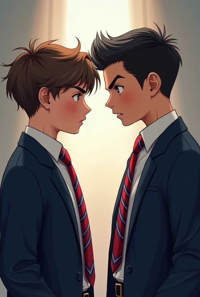 image of 2 boys in their school uniform white long sleeves with red and blue striped neck tie and dark blue blazer. one on the right has short gelled up black hair, brown eye, chiseled jaw and diamond shaped face well build, a height of 6'1 feet and has olive skin tone, he's italian-german. the other one on the right has mid length wavy brown hair, hazel eye, soft chiseled heart shape face, a height of 5'10 feet, he's italian and has light olive skin. both of them on side view looking at each other angrily. 