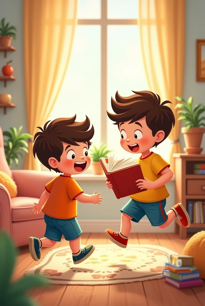 Twins cartoon boy in their home of age fiv e year age. One boy os playing and jumping and the 2nd is reading a new book