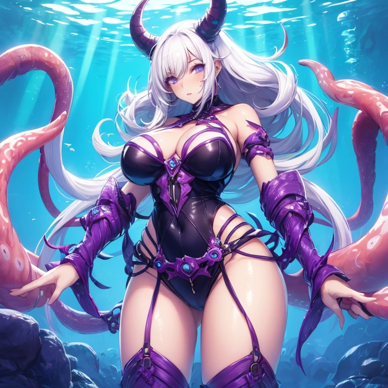 A gorgeous monstergirl with pale blue skin and purple, thick tentacles for hair. She has eight long tentacles from the waist down. She swims in the depths of a dark ocean.