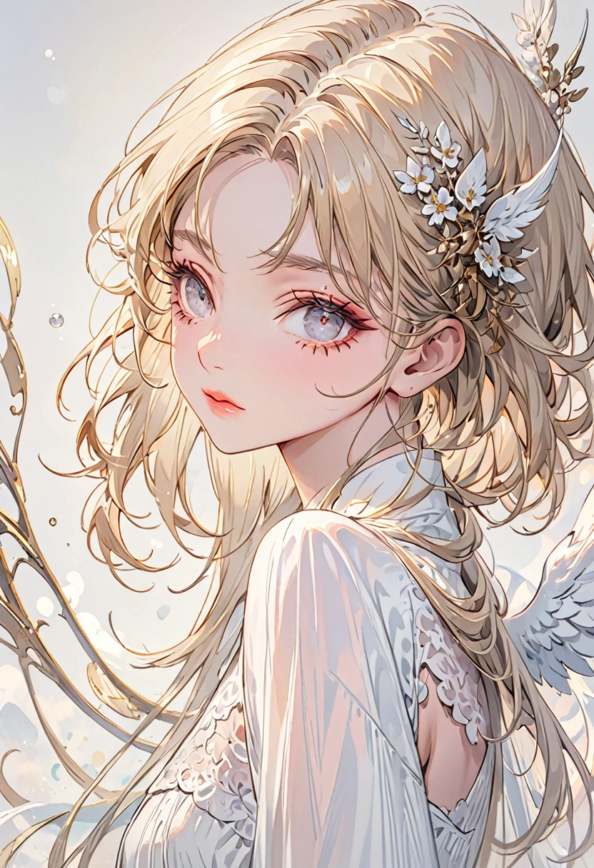 (Highest quality,Very detailed,High resolution:1.2),A beautiful girl in the form of an angel,Blonde,Dilated grey eyes,very_Long eyelashes, Detailed lips, Cool look, Soft Skin, ,Exquisite makeup,