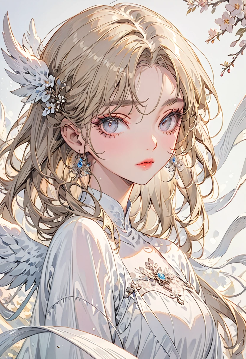 (Highest quality,Very detailed,High resolution:1.2),A beautiful girl in the form of an angel,Blonde,Dilated grey eyes,very_Long eyelashes, Detailed lips, Cool look, Soft Skin, ,Exquisite makeup,