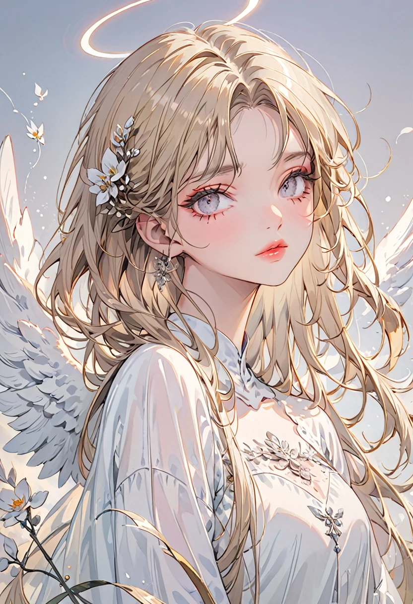 (Highest quality,Very detailed,High resolution:1.2),A beautiful girl in the form of an angel，Blonde,Dilated grey eyes，very_Long eyelashes, Detailed lips, Cool look, Soft Skin, ,Exquisite makeup,
