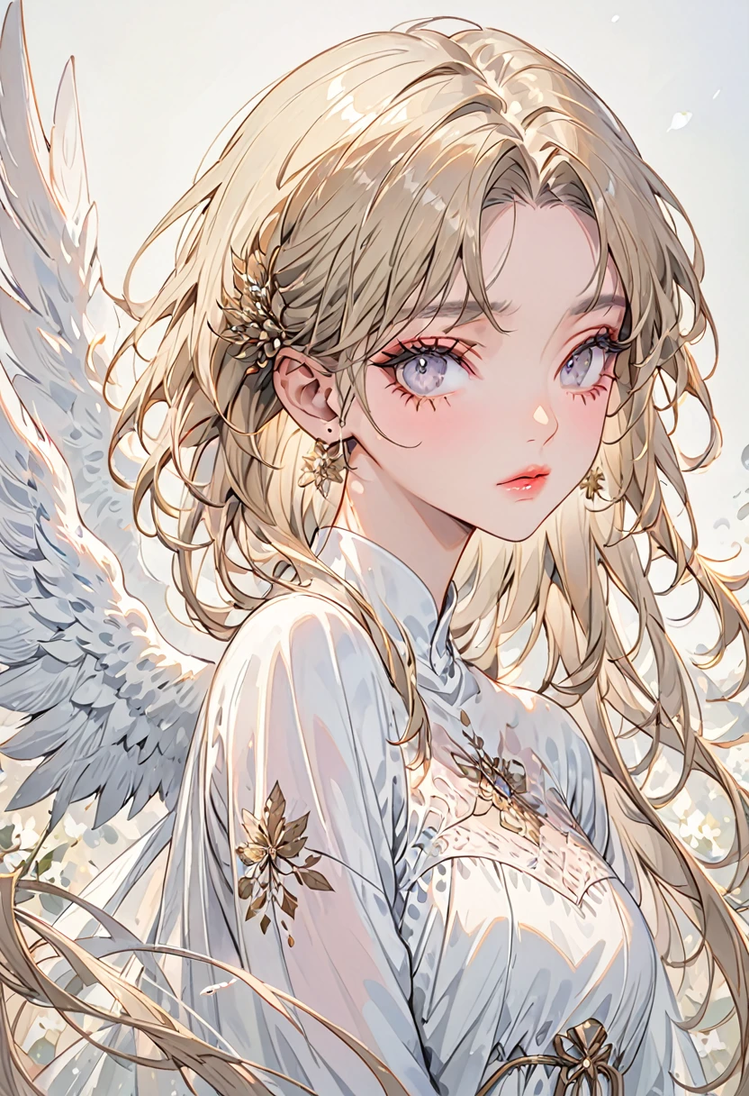 (Highest quality,Very detailed,High resolution:1.2),A beautiful girl in the form of an angel,Blonde,Dilated grey eyes,very_Long eyelashes, Detailed lips, Cool look, Soft Skin, ,Exquisite makeup,