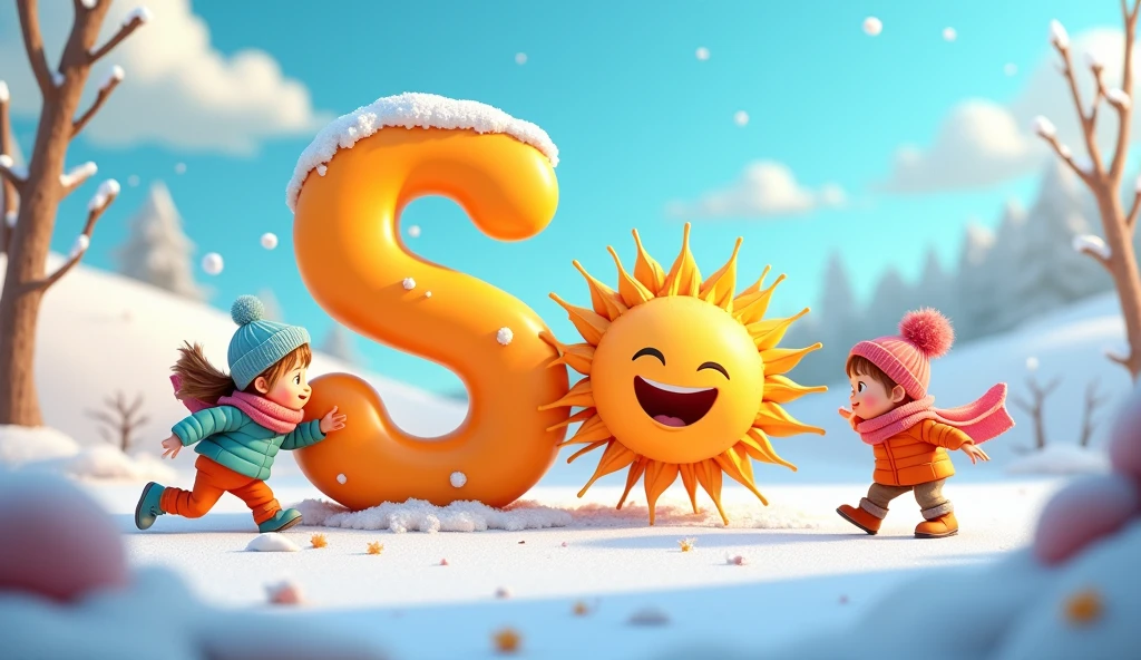 Create an animated image for alphabet S and an talking Sun and children playing in winter with animation 3D