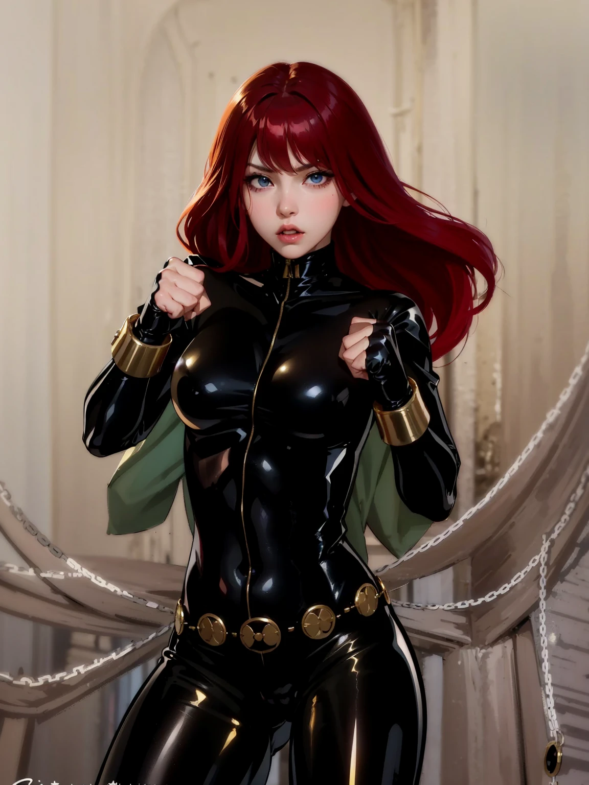 The image is a drawing of a girl with red hair dressed in a sleek skin-tight shiny black latex bodysuit with a silver zipper running down the front. The suit is complemented by her golden wrist guard on both wrists and a golden belt made of shiny circles. She has blue eyes. She stands with a strong posture, hands clenched into fists at her sides, and eyes cast with a determined or fierce gaze. In the background, there are white chains that curve upwards. Her overall stance and the background chains convey a powerful presence and a sense of energy, readiness for action, and possibly a dangerous situation.