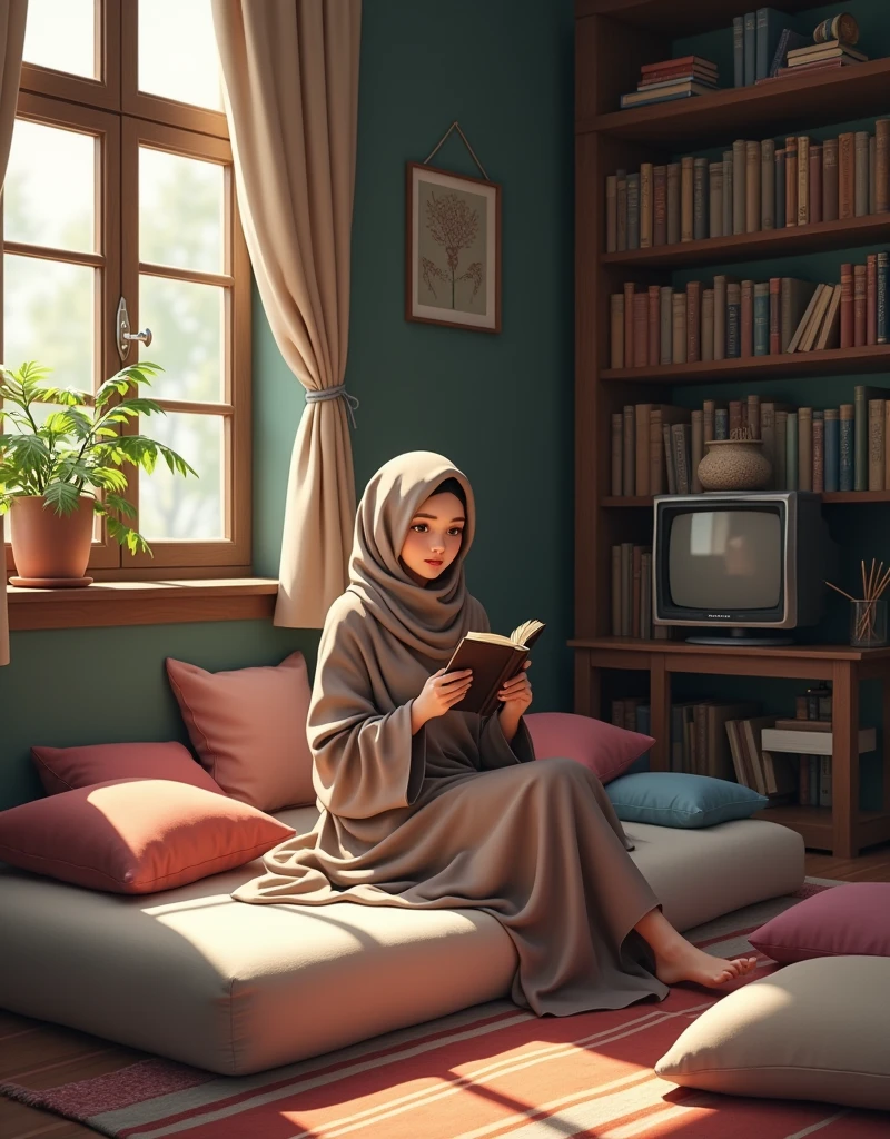 aanime hijabi girl wearing loose full dress and sitting on mattres different clrs pillow are present everywhere flat chest appears, tv , little table a book on her hand a wide range room in old style , pen and books on shelf of her back side, and window old vibes room looking on book and empty table on her left side