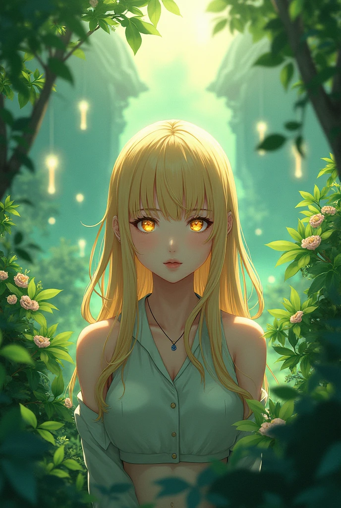 A scene featuring a female character with blonde hair and intense golden eyes and greenery all around her. The background is a mix of light and inventions . Attention to detail and anime style.