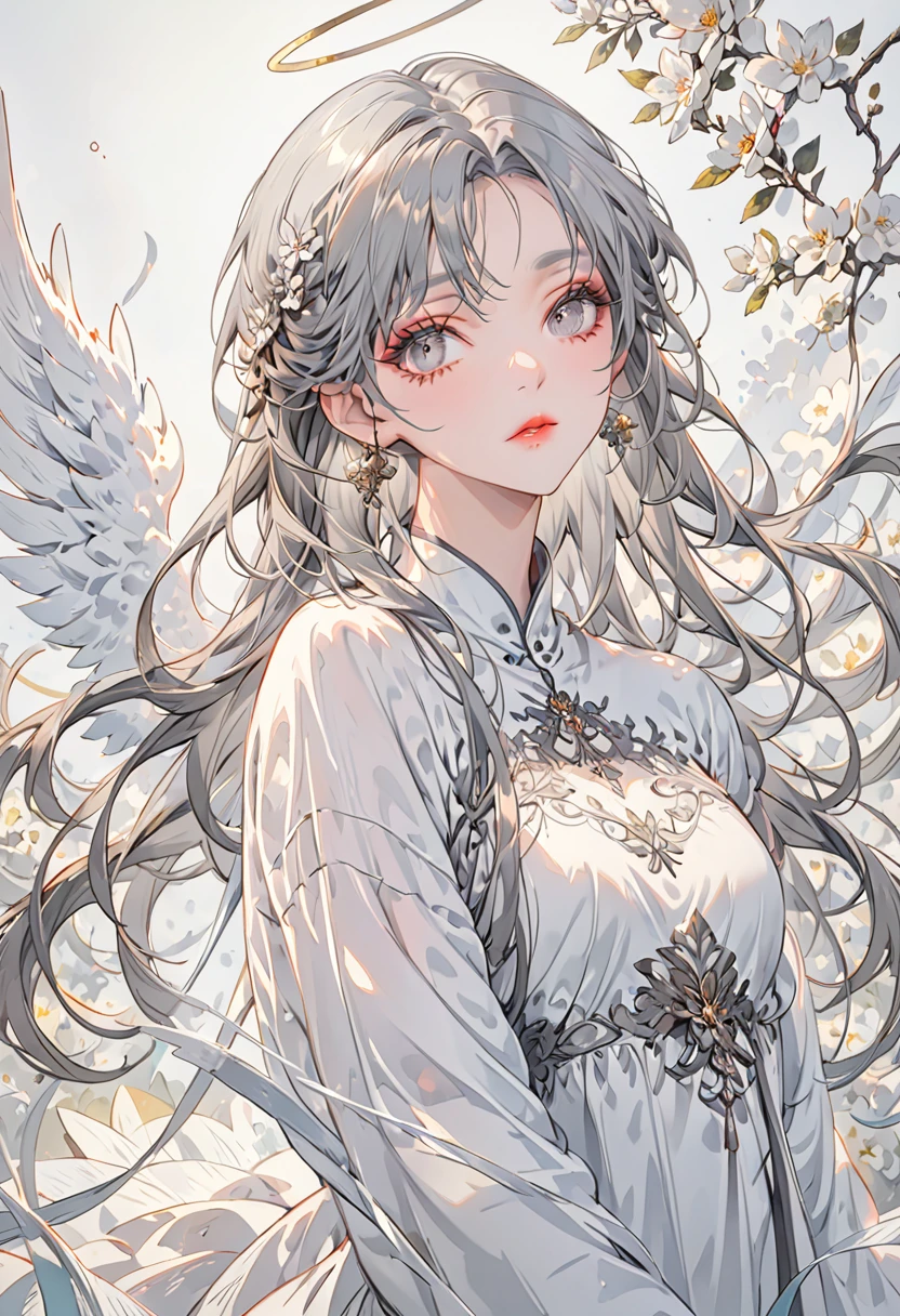 (Highest quality,Very detailed,High resolution:1.2),A beautiful girl in the form of an angel，Gray Hair,Gray Hairの前髪，Dilated grey eyes，very_Long eyelashes, Detailed lips, Cool look, Soft Skin, ,Exquisite makeup,