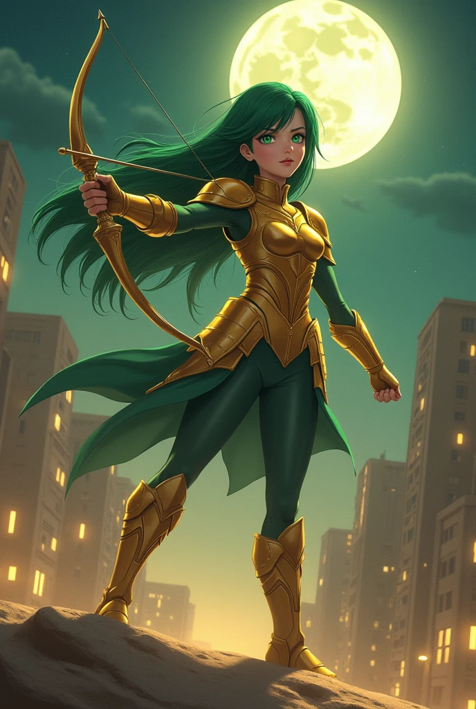 (masterpiece, 4K resolution, Ultra-realistic, Very detailed), (Theme song of the 12 Zodiac Knights, Charming, There is a girl at the top of this city, Sagittarius knight in golden armor, She&#39;s a superhero), [ ((20 years), (Long green hair:1.2), whole body, (Green Eyes:1.2), ((Fighting Stance),demonstration of strength), ((Sandy urban environment):0.8)| (city View, night, Dynamic Lighting), (Full Moon))