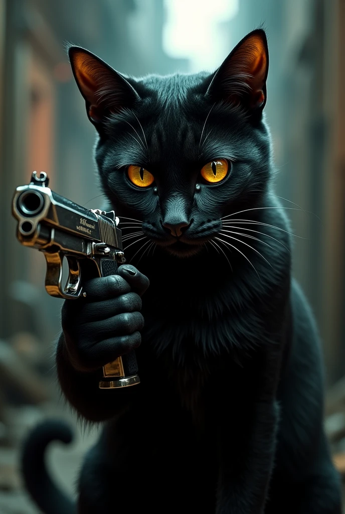 A gangster cat,holding a pistol.