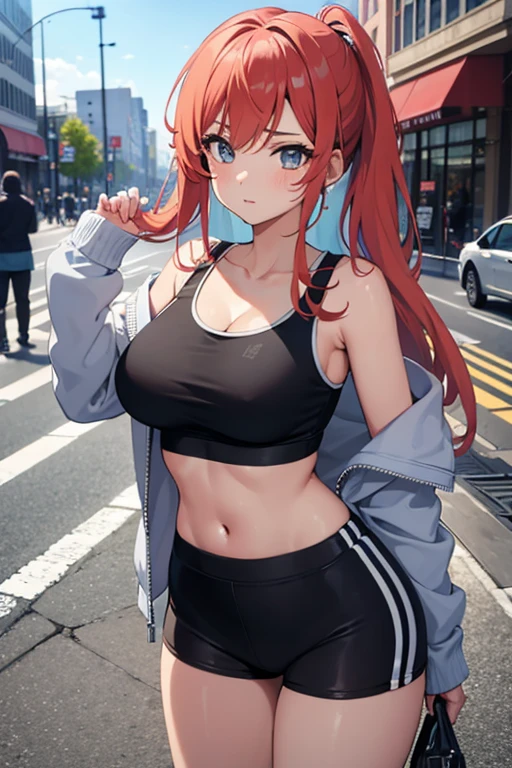 Anime girl with a gorgeous figure in sportswear runs on the street