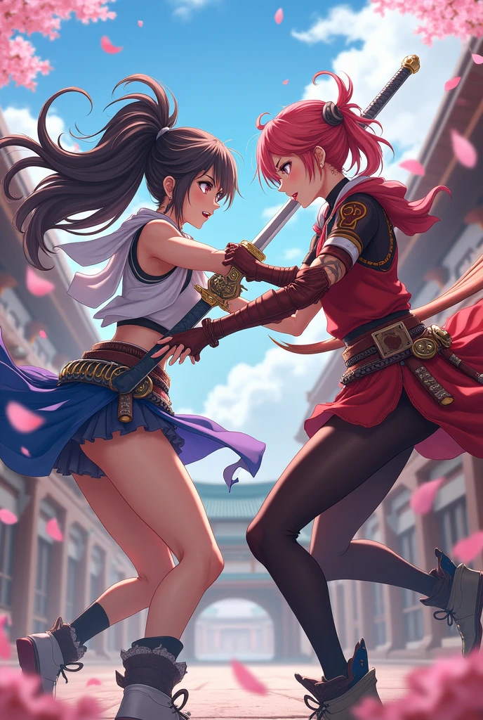 two anime girls fighting with swords both have some injuries on their bodies